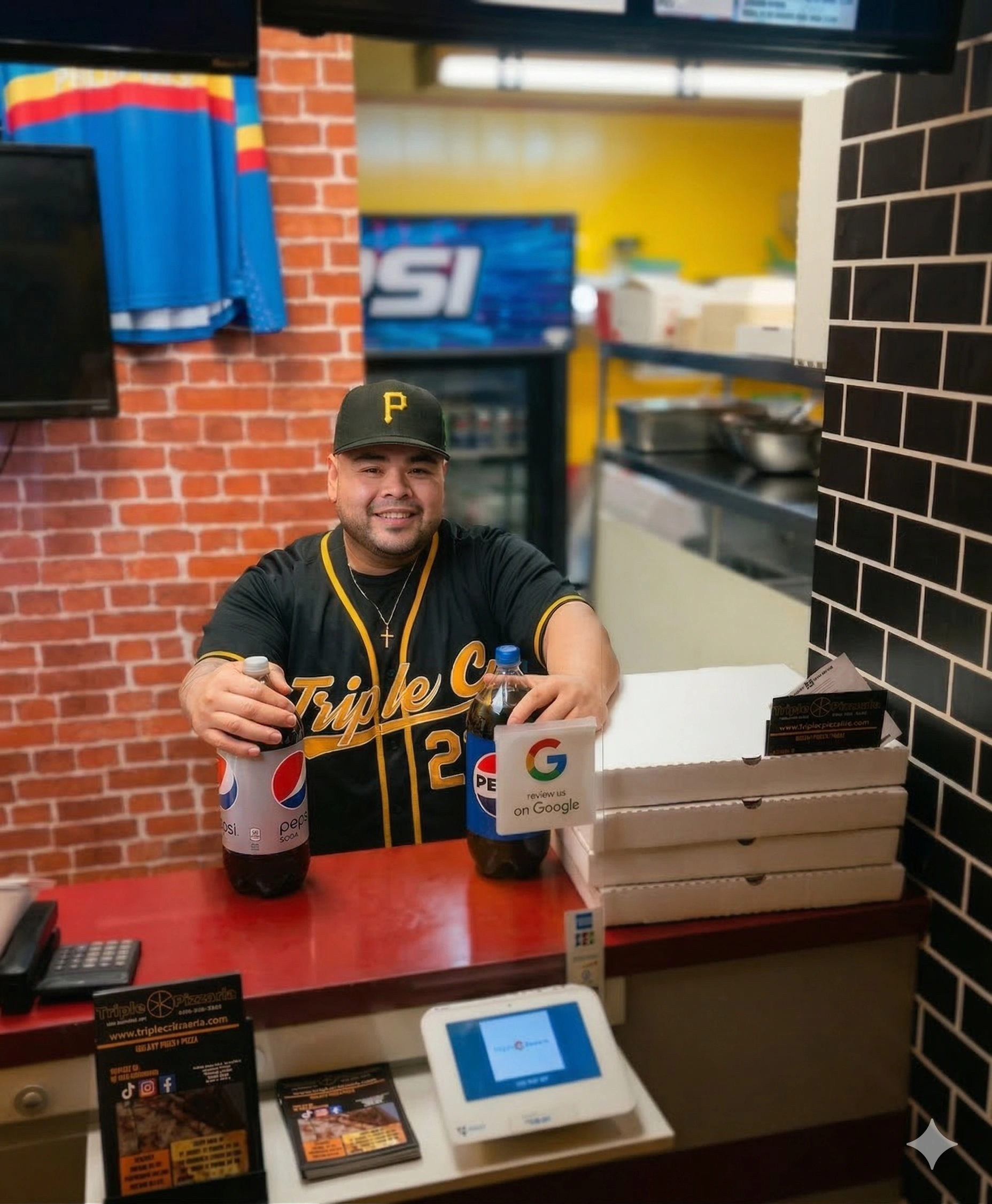 Owner Chris Pagdato serving pizza and drinks at the Triple C Pizzeria counter on Portage Avenue, Winnipeg