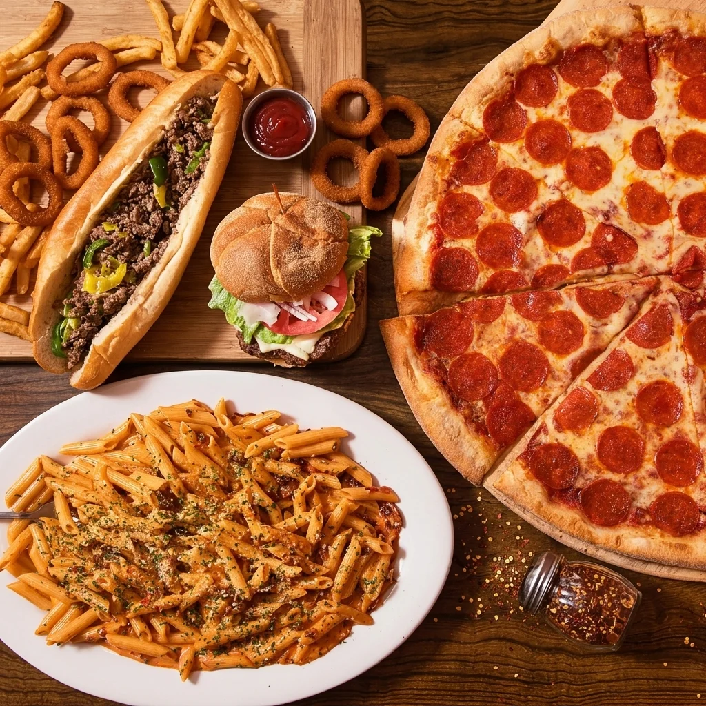 Triple C Pizzeria menu spread of specialty pizza and wings on Portage Avenue in Winnipeg, MB